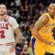 Lonzo Ball of the Chicago Bulls and Kobe Bryant of the Los Angeles Lakers