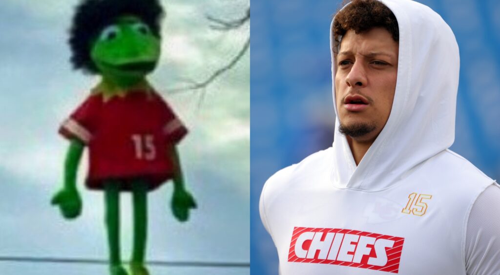 Kermit The Frog Doll and Patrick Mahomes looks on.