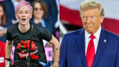 Megan Rapinoe at sporting event and Donald Trump at rally