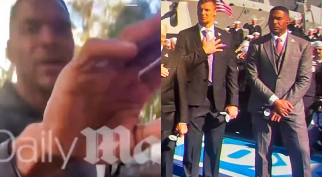 Photo of Michael Strahan with a hand near camera and photo of Michael Strahan standing next to Rob Gronkowski