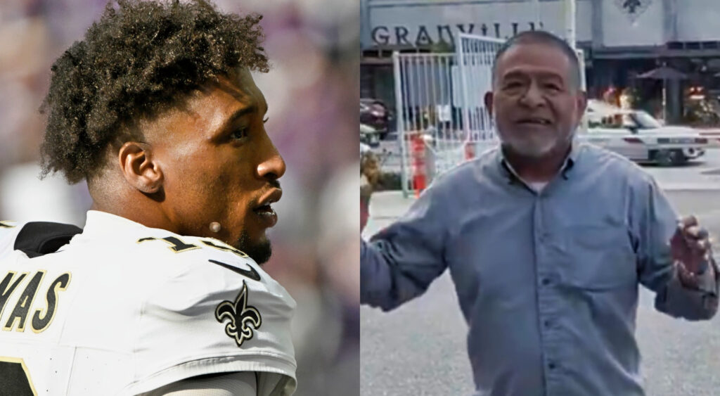 Photo of Michael Thomas in Saints uniform and Photo of Saints fan speaking