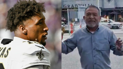 Photo of Michael Thomas in Saints uniform and Photo of Saints fan speaking