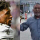 Photo of Michael Thomas in Saints uniform and Photo of Saints fan speaking