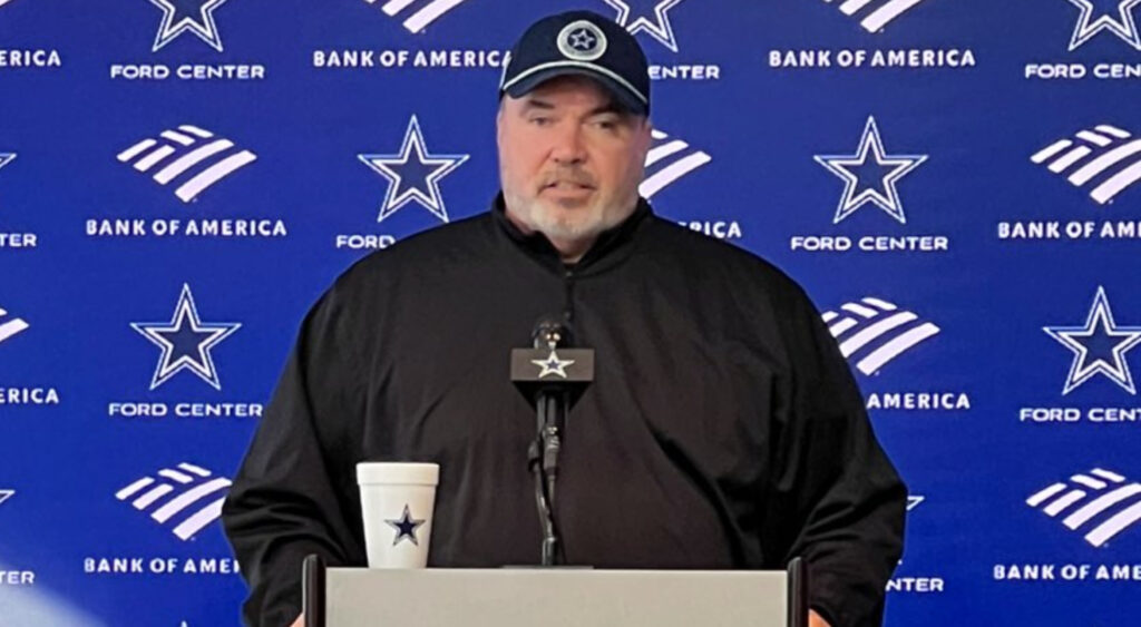 Dallas Cowboys head coach Mike McCarthy speaking to reporters