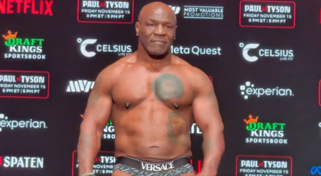 Mike Tyson at wigh-in ahead of fight vs. Jake Paul