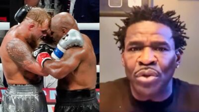 Mike Tyson and Jake Paul in boxing ring and Michael Irvin on podcast show