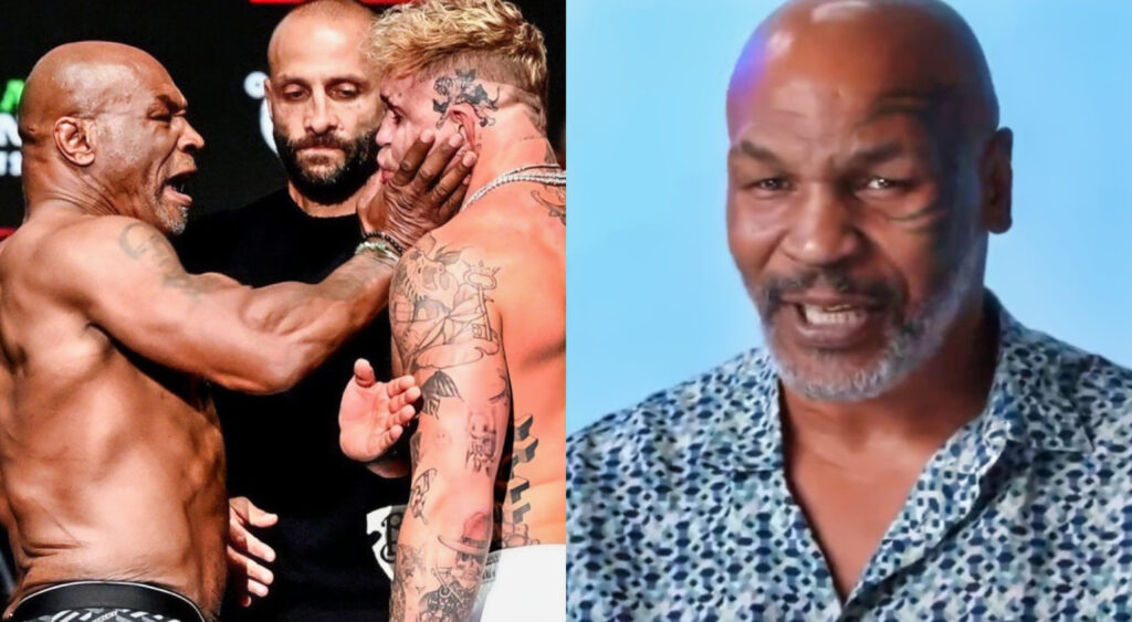 Mike Tyson slapping Jake Paul (left), Mike Tyson speaking (right)