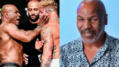 Mike Tyson slapping Jake Paul (left), Mike Tyson speaking (right)