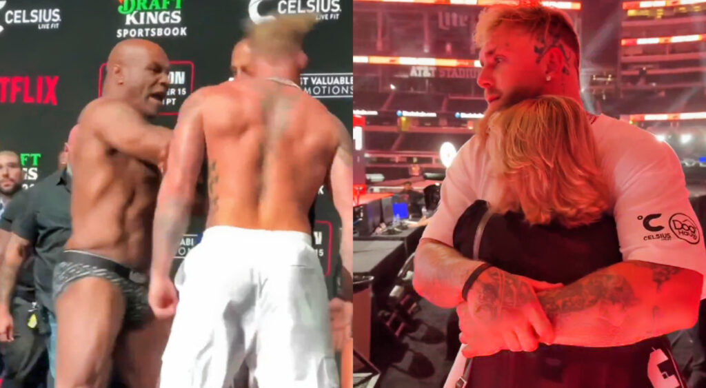 Photo of Mike Tyson slapping Jake Paul and photo of Jake Paul holding his mother