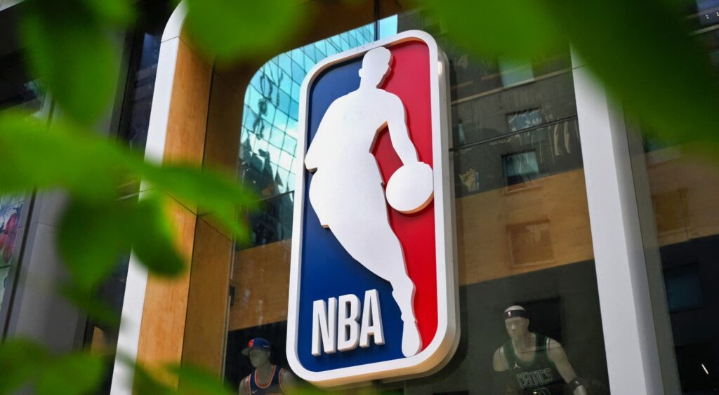 The NBA logo is seen outside an NBA fan store in New York