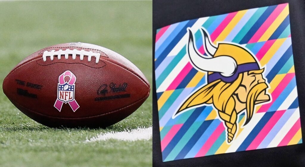 The NFL logo on a football and the Minnesota Vikings Crucial Catch logo