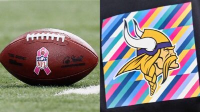 The NFL logo on a football and the Minnesota Vikings Crucial Catch logo