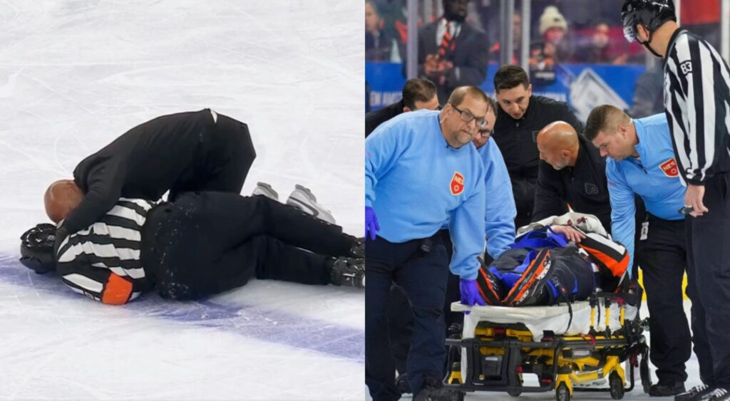 NHL Referee Mitch Dunning laying on the ice and getting stretchered off.