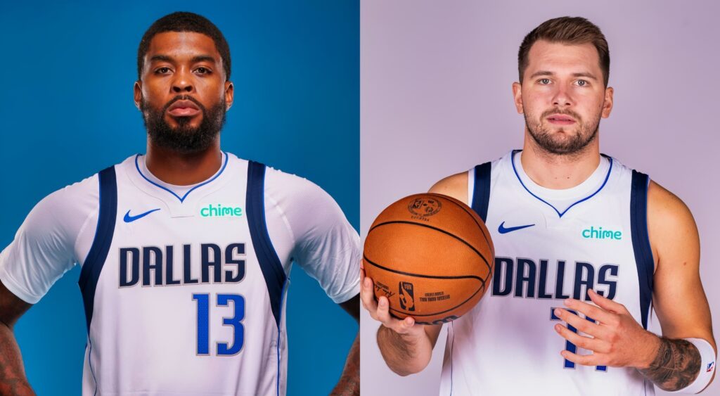 Naji Marshall of the Dallas Mavericks, and Luka Doncic of the Dallas Mavericks poses for portraits