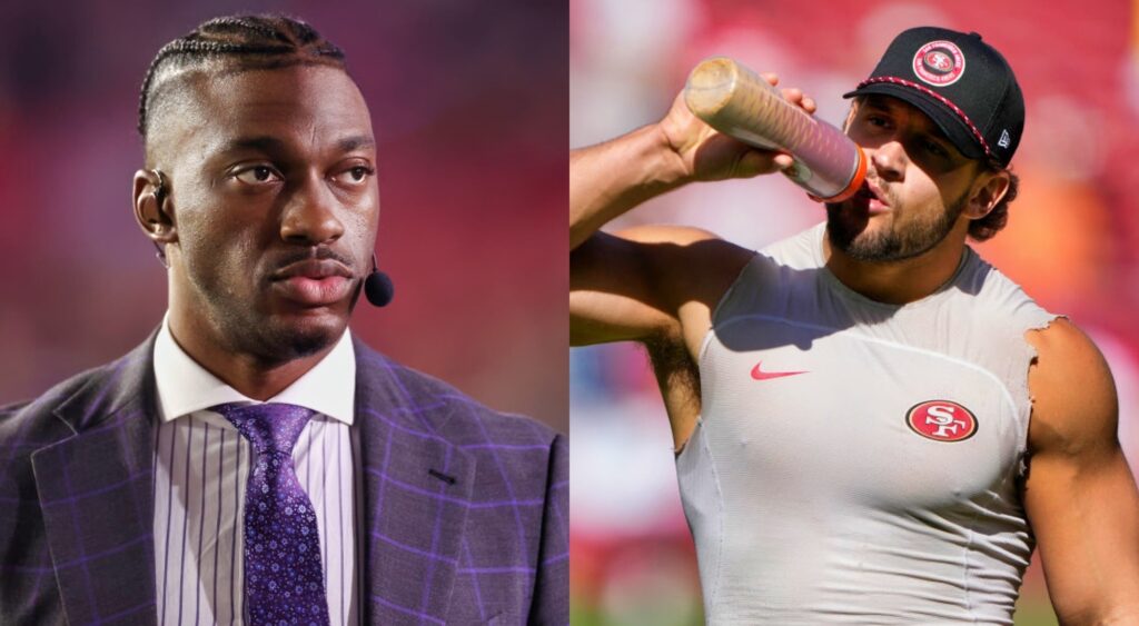 Nick Bosa drinking from water bottle and Robert Griffin in suit