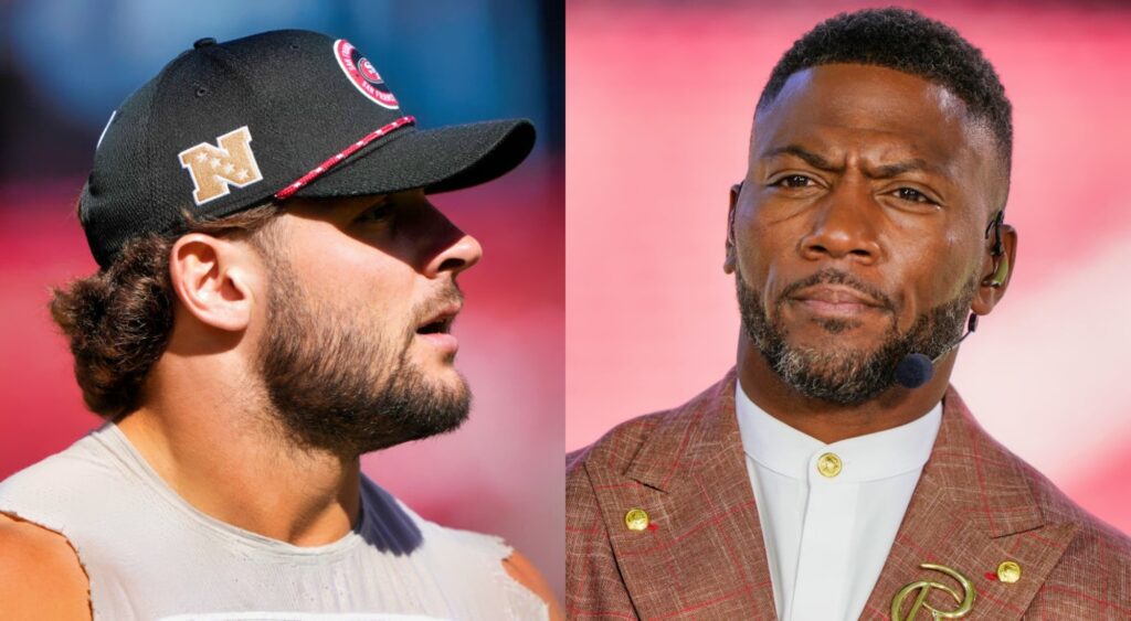 Nick Bosa in 49ers cap and Ryan Clark on set