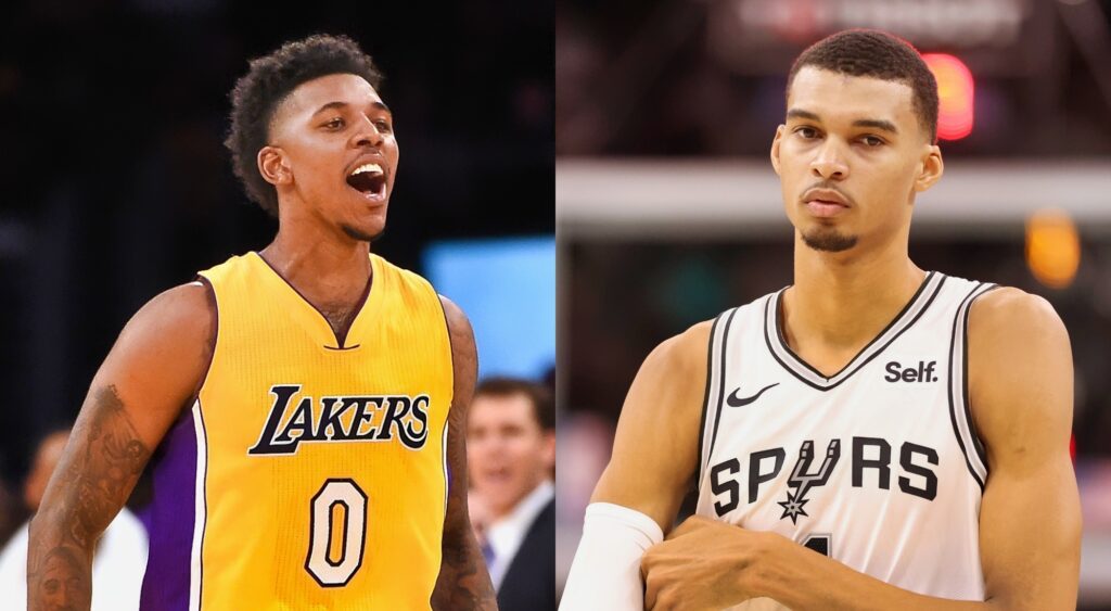 Nick Young of the Los Angeles Lakers reacts to Victor Wembanyama of San Antonio Spurs