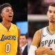 Nick Young of the Los Angeles Lakers reacts to Victor Wembanyama of San Antonio Spurs