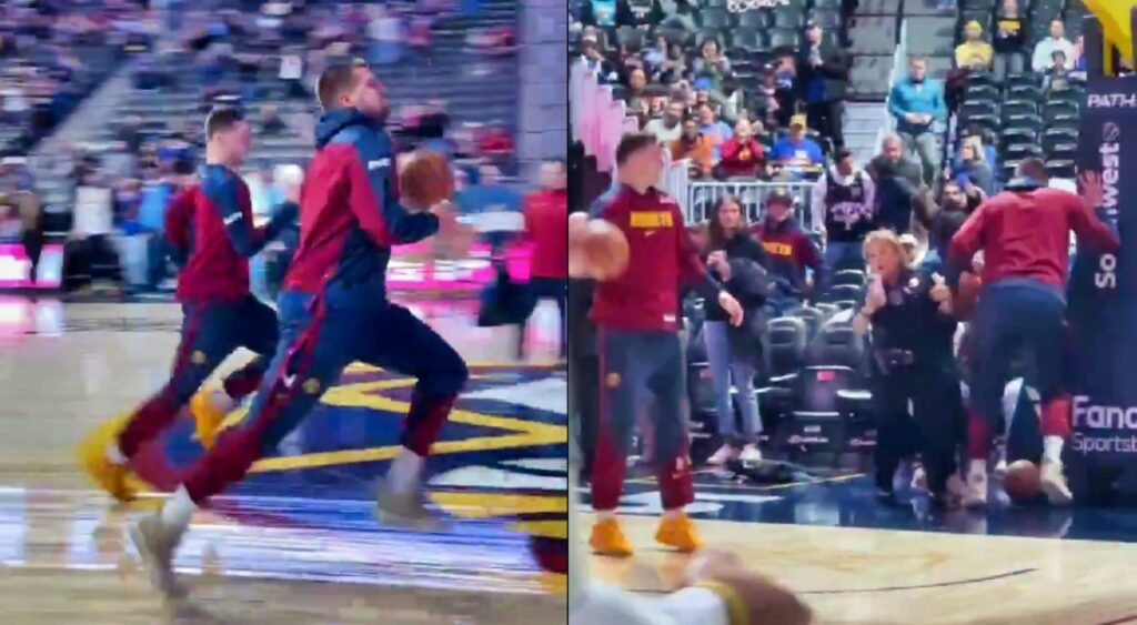 Nikola Jokic nearly collided with a female staff member while making a layup during warmups