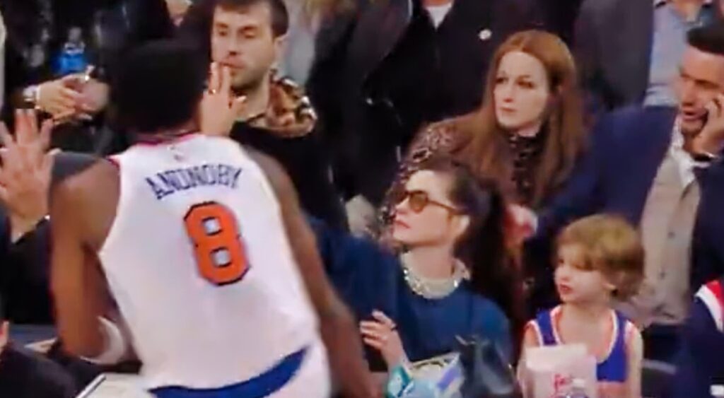 New York Knicks Star OG Anunoby Nearly Crashed Into Actress Anne Hathaway Sitting Courtside While Chasing Ball during an NBA match