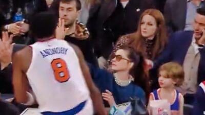 New York Knicks Star OG Anunoby Nearly Crashed Into Actress Anne Hathaway Sitting Courtside While Chasing Ball during an NBA match