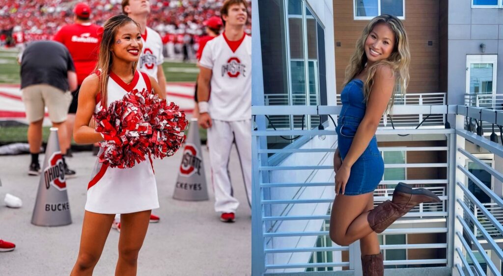 Ohio State cheerleader in uniform and blue skirt