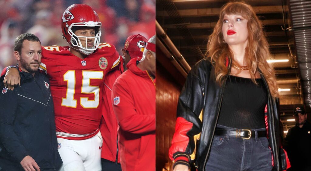 Patrick Mahomes getting helped off the field and Taylor Swift arriving at Chiefs game.