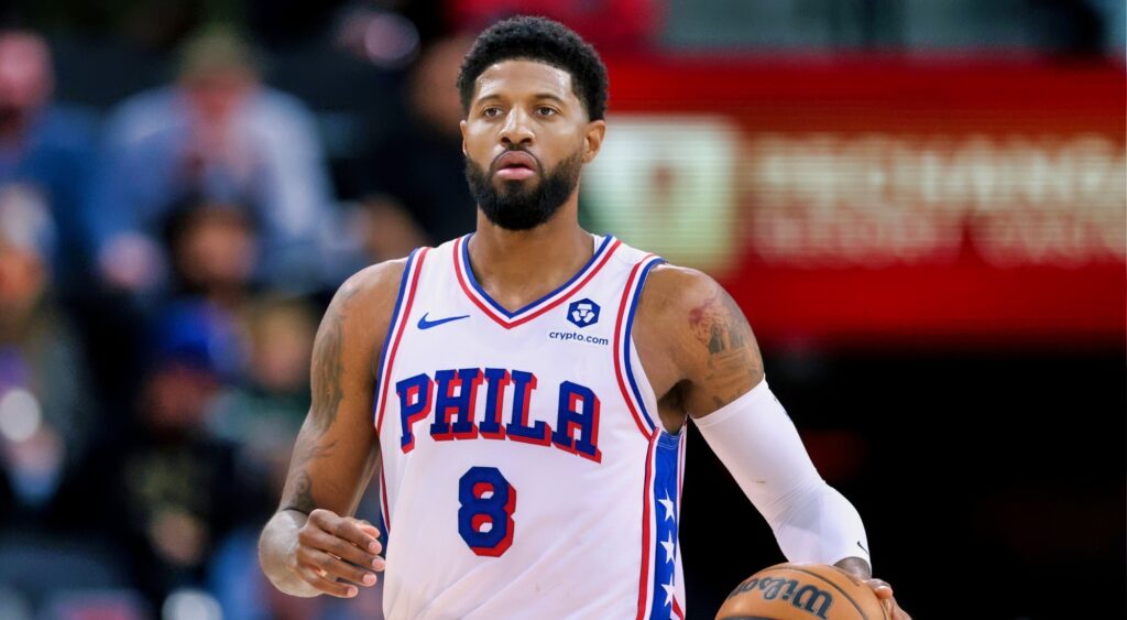 Paul George of the Philadelphia 76ers dribbles during an NBA match