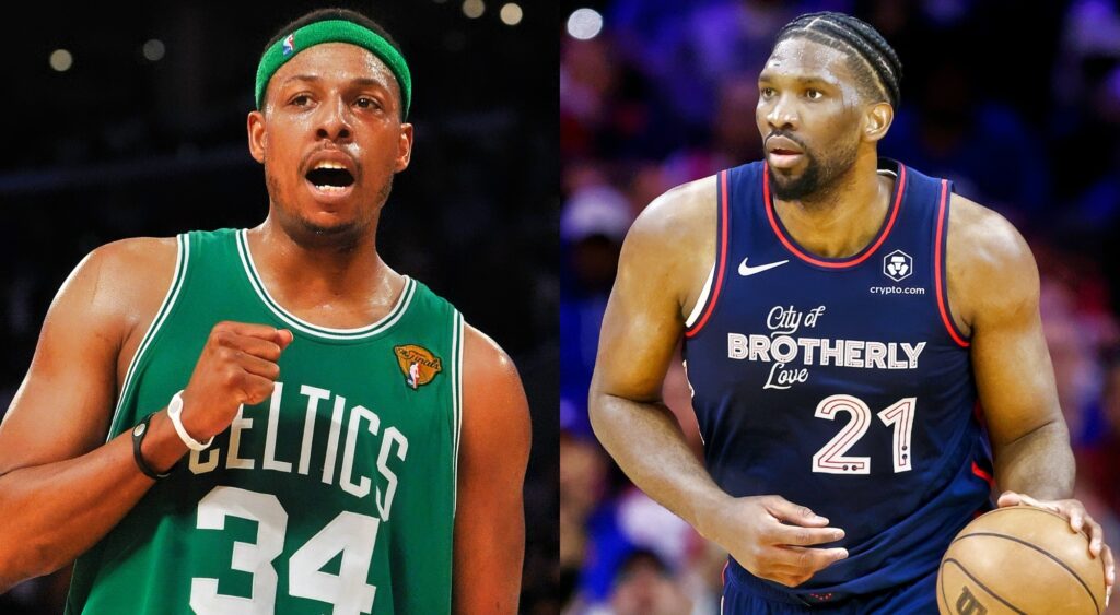 Paul Pierce of the Boston Celtics and Joel Embiid of the Philadelphia 76ers