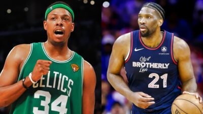 Paul Pierce of the Boston Celtics and Joel Embiid of the Philadelphia 76ers