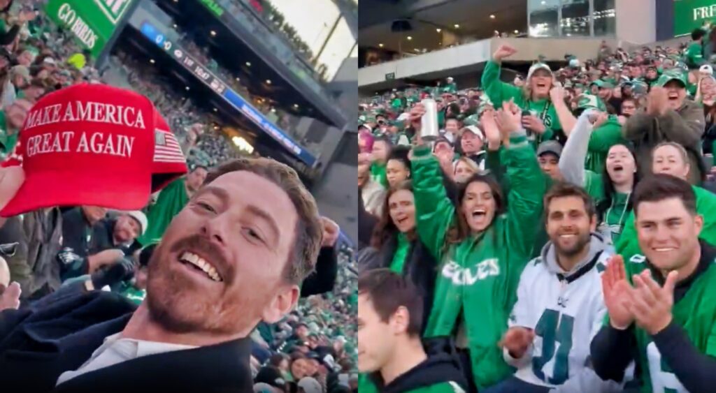 Philadelphia Eagles fans and man holding MAGA cap