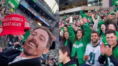 Philadelphia Eagles fans and man holding MAGA cap