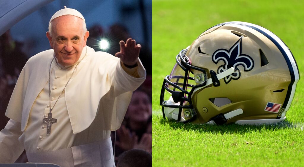 Pope Francis and New Orleans Saints Helmet