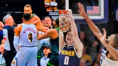 Christian Braun #0 of the Denver Nuggets dunks Rudy Gobert #27 of the Minnesota Timberwolves and Russell Westbrook