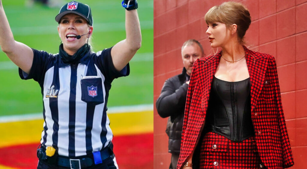 Photo of ref Sarah Thomas and photo of Taylor Swift arriving at Chiefs game