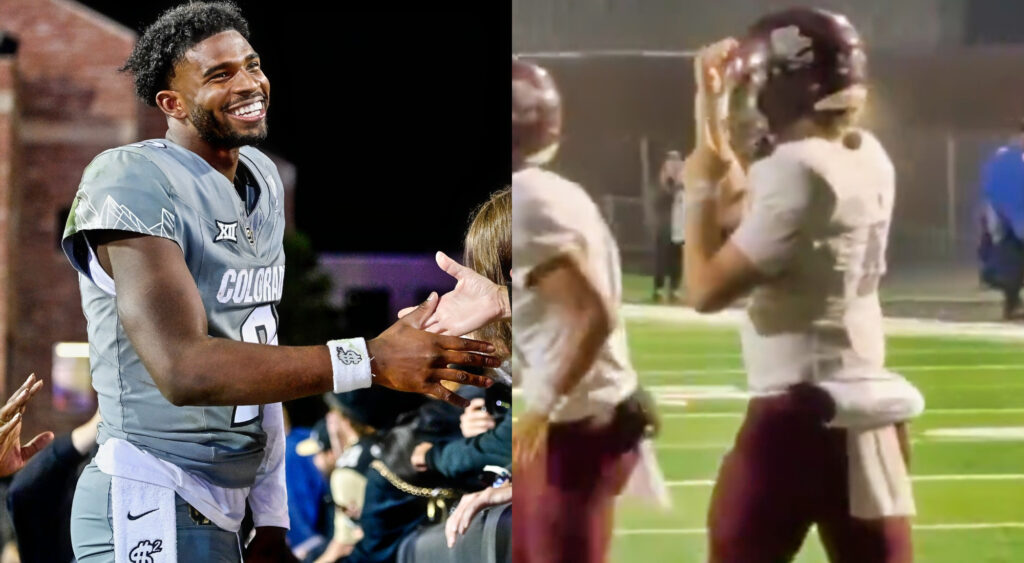 Shedeur Sanders smiling (left) and Colton Overbey celebrating (right)