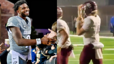 Shedeur Sanders smiling (left) and Colton Overbey celebrating (right)