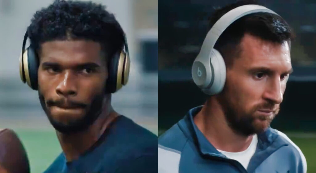 Shedeur Sanders and Lionel Messi wearing Beats headphones