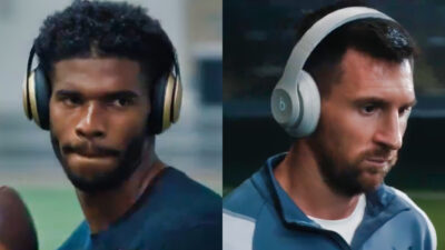 Shedeur Sanders and Lionel Messi wearing Beats headphones