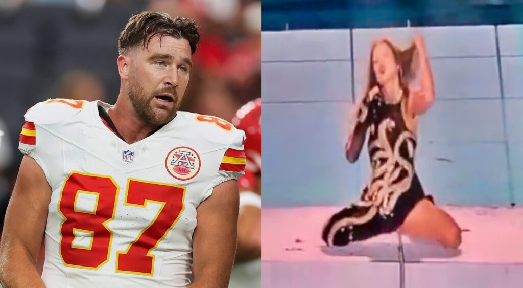 Travis kelce looking on and Taylor Swift dancing at her concert.