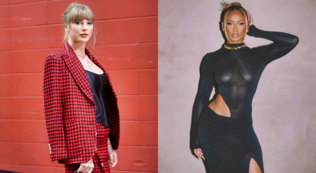 Taylor Swift  n red outfit and Kayla Nicole posing in black outfit