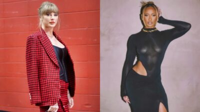 Taylor Swift n red outfit and Kayla Nicole posing in black outfit