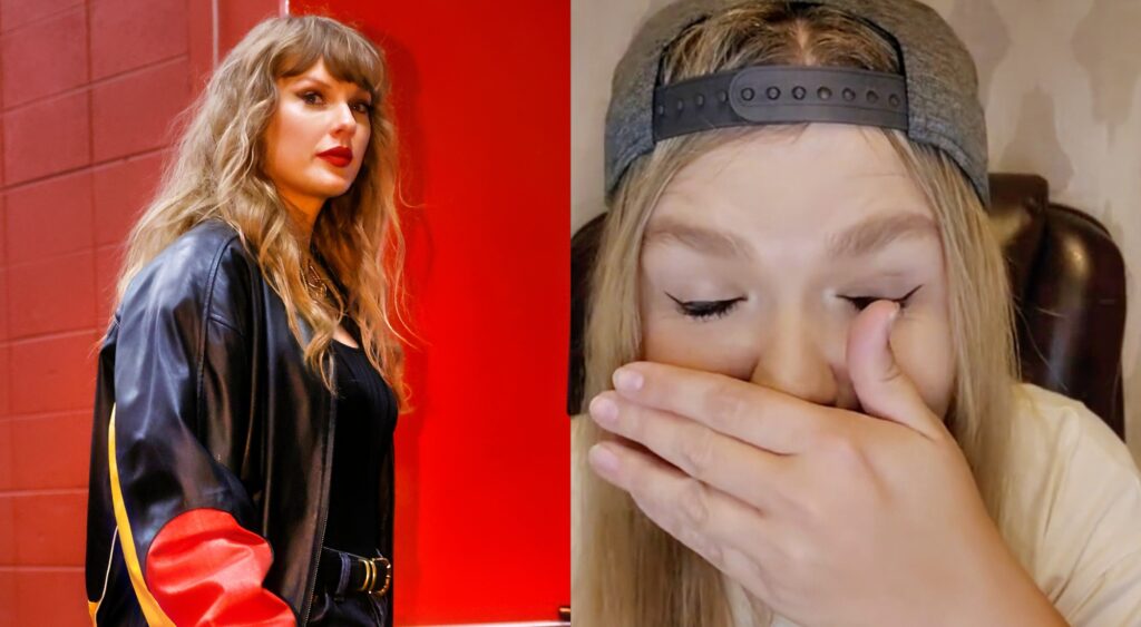 Taylor Swift arrives at a Chiefs game in her jacket and a fan with her hand over her mouth.