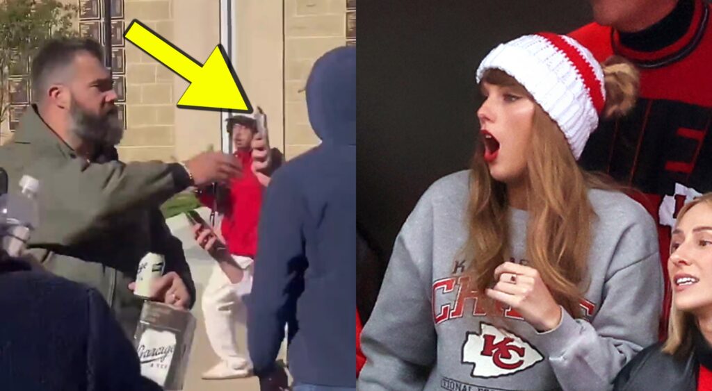 Jason Kelce smashing a fan's phone and Taylor Swift looking on in shock.