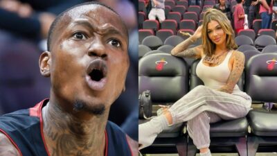 Terry Rozier on the court and Celina Powell posing at Miami Heat game