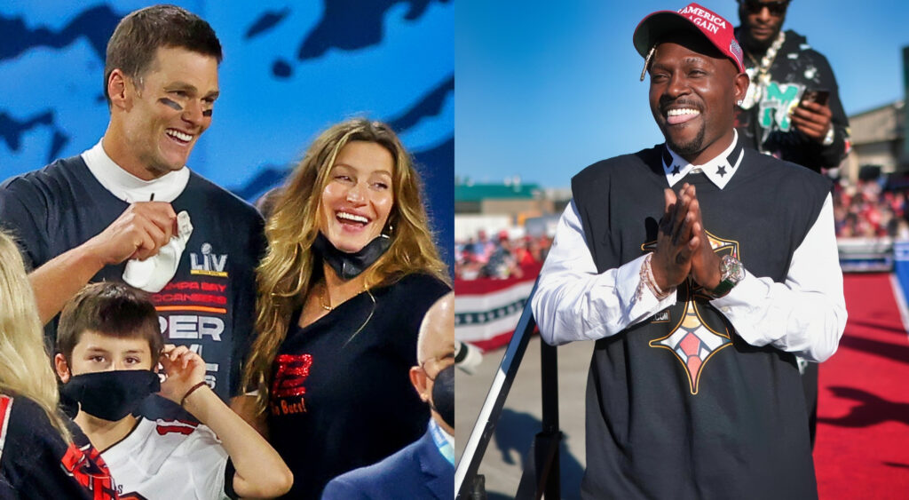 Tom Brady with Gisele Bundchen (left), Antonio Browin smiling (right)