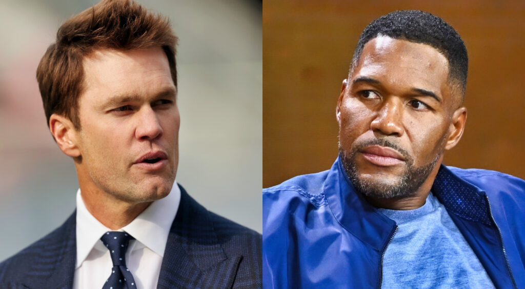 Close-up photos of Tom Brady and Michael Strahan