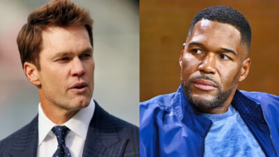 Close-up photos of Tom Brady and Michael Strahan