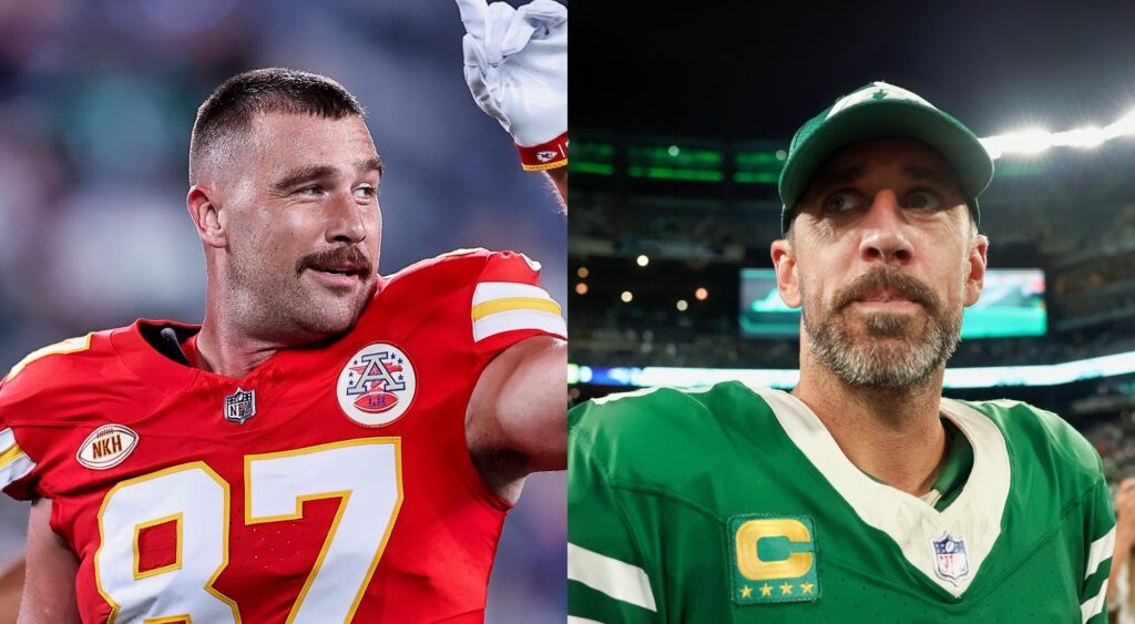 Travis Kelce of the Kansas City Chiefs and Aaron Rodgers of the New York Jets