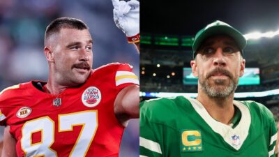 Travis Kelce of the Kansas City Chiefs and Aaron Rodgers of the New York Jets